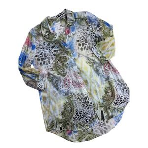 Chicos Mixed Animal Paisley Print Cotton Tunic Shirt Blue Green Red Size 2 L